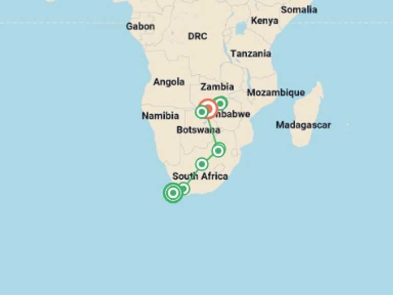 Map of 15-Day Johannesburg Tour with 10 destination visits for the trip: Southern Africa Unveiled:  luxury tour, Rovos Rail and cruise journey of a lifetime