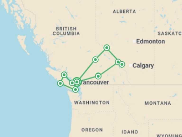 Map itinerary of Canada Tour in Fall with 8 destination visits for the trip: Western Canada Encompassed - 16 days