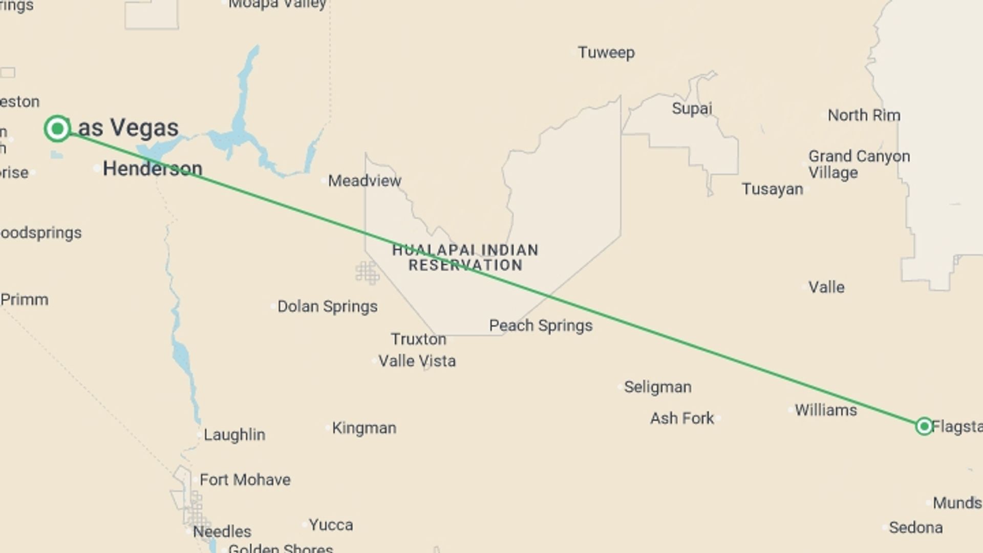 A map showing the tour itinerary for the trip: Grand Canyon Excursion, starting in Las Vegas, USA and ending in Las Vegas, USA going through 1 other destinations.