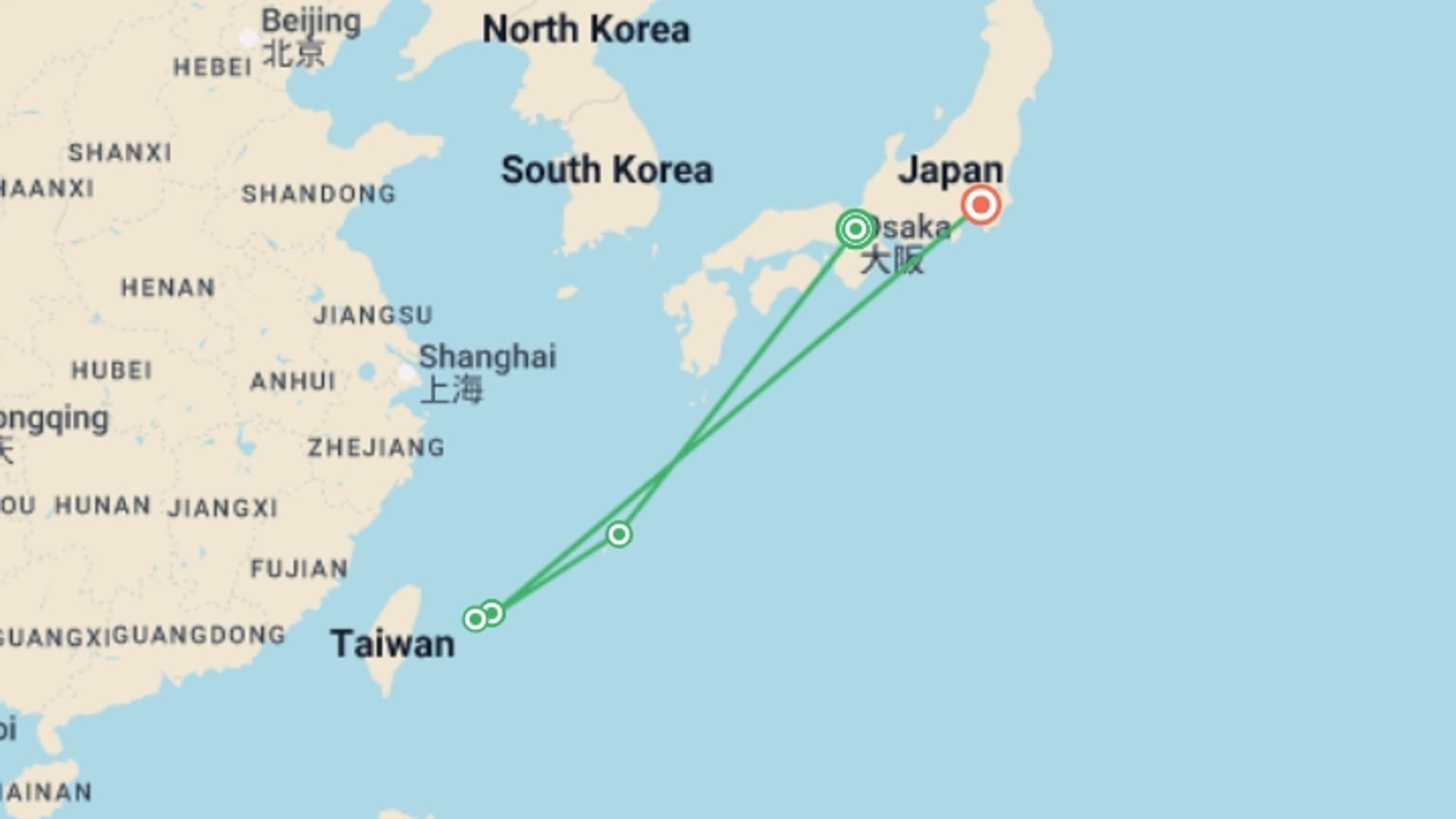 A map showing the tour itinerary for the trip: Active Japan: Kyoto & Okinawa Island Hopping, starting in Kyoto, Japan and ending in Tokyo, Japan going through 3 other destinations.