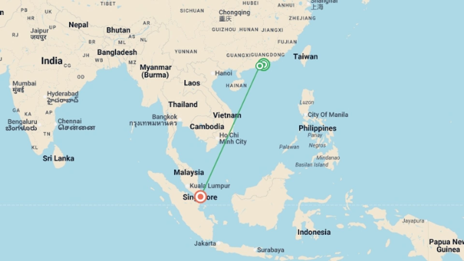 A map showing the tour itinerary for the trip: Best of Hong Kong, Macao and Singapore, starting in Hong Kong, Hong Kong and ending in Singapore, Singapore going through 1 other destinations.