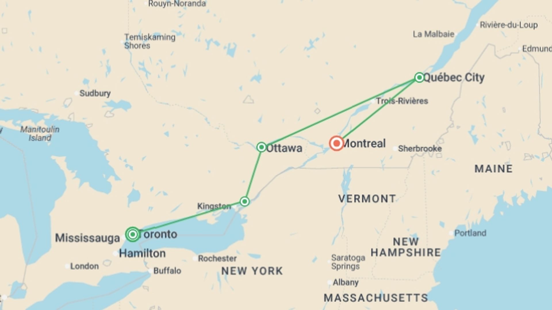 A map showing the tour itinerary for the trip: Eastern Canada by Rail, starting in Toronto, Canada and ending in Montreal, Canada going through 3 other destinations.