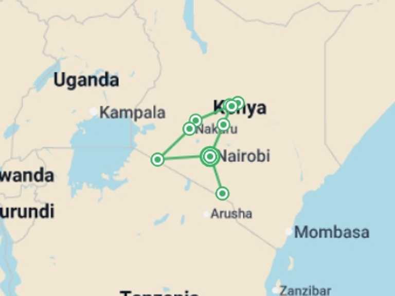 Map itinerary of Africa Tour in April 2027 with 8 destination visits for the trip: The Plains of Africa Kenya Wildlife Safari