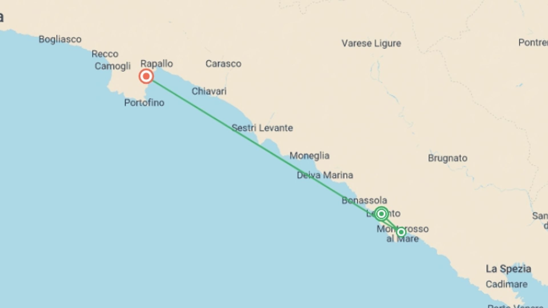 A map showing the tour itinerary for the trip: Cinque Terre: Hike, Bike & Kayak, starting in Levanto, Italy and ending in Santa Margherita, Italy going through 1 other destinations.