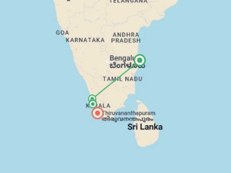 Map of Asia Bicycle Tour with 5 destination visits for the trip: Cycle the Coast of Kerala