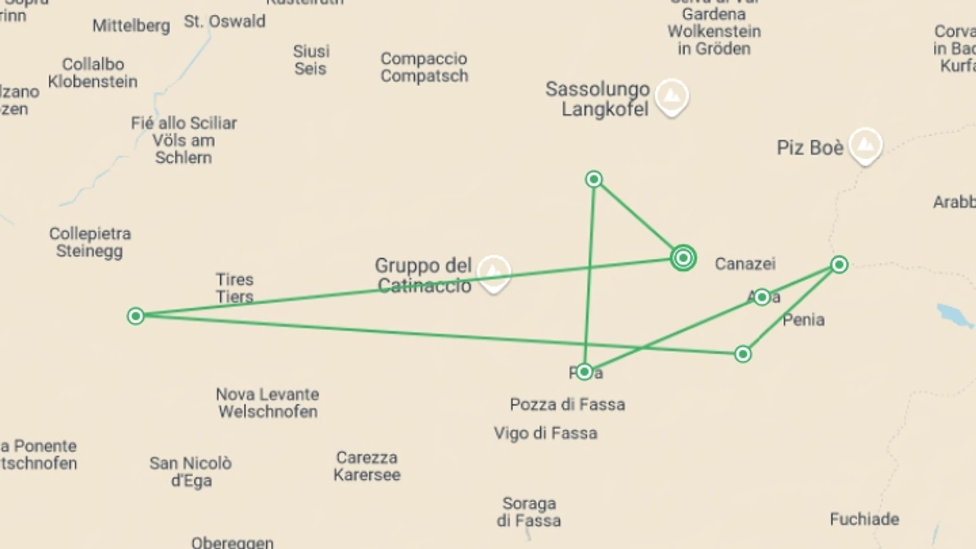 A map showing the tour itinerary for the trip: Highlights of the Dolomites, starting in Campitello Di Fassa, Italy and ending in Campitello Di Fassa, Italy going through 6 other destinations.