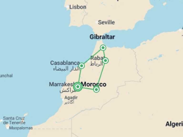 Map itinerary of Africa Tour in December 2026 with 6 destination visits for the trip: Morocco Discovery from Marrakech - 9 days