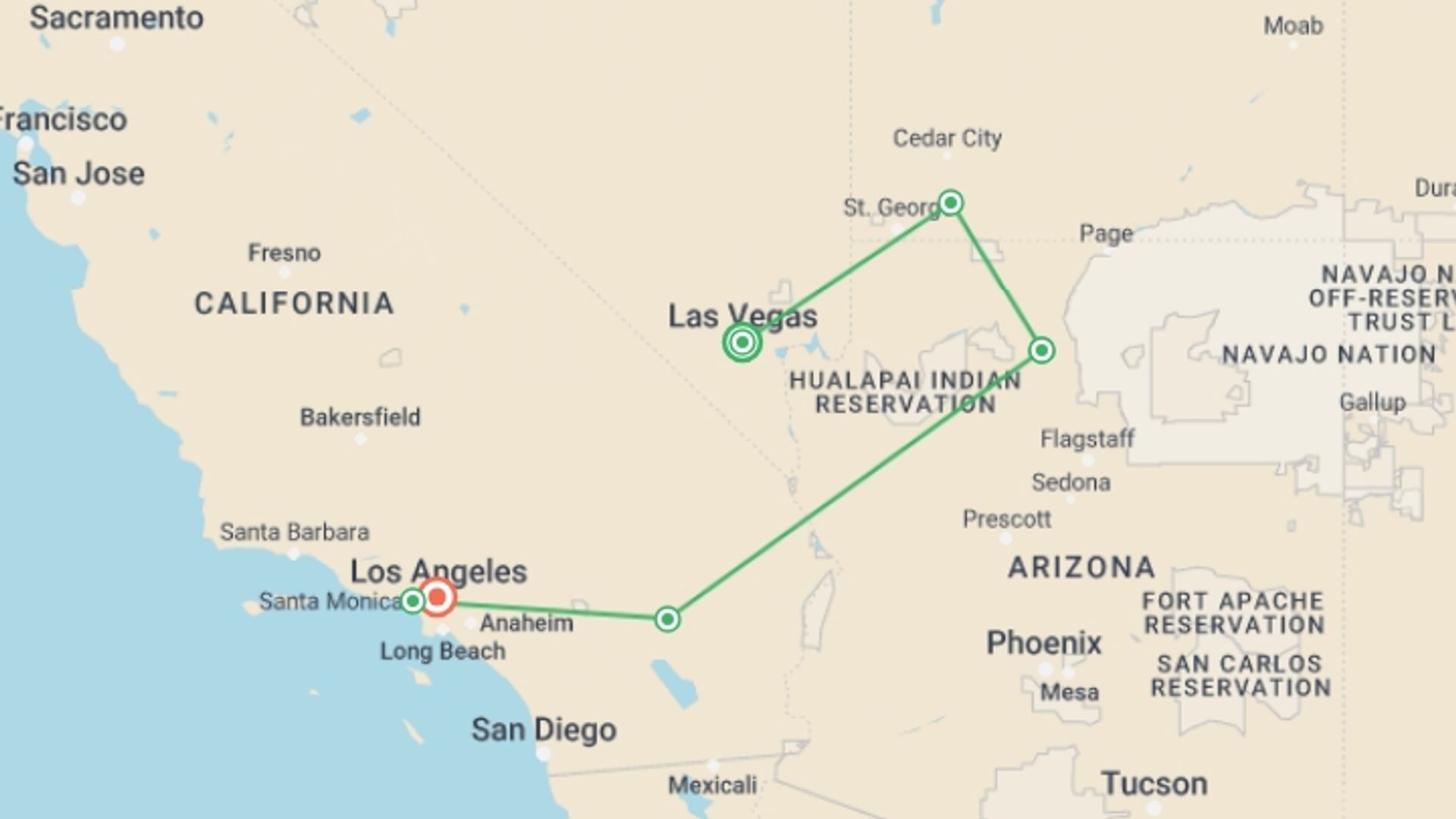 A map showing the tour itinerary for the trip: Southwest Road Trip: Zion, the Grand Canyon & Santa Monica Sunsets, starting in Las Vegas, USA and ending in Los Angeles, USA going through 4 other destinations.