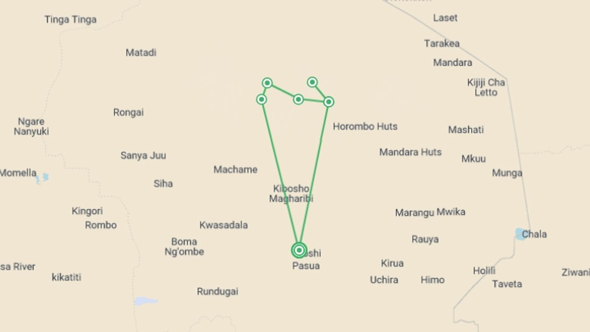 A map showing the tour itinerary for the trip: Kilimanjaro: Machame Route, starting in Moshi, Tanzania and ending in Moshi, Tanzania going through 5 other destinations.