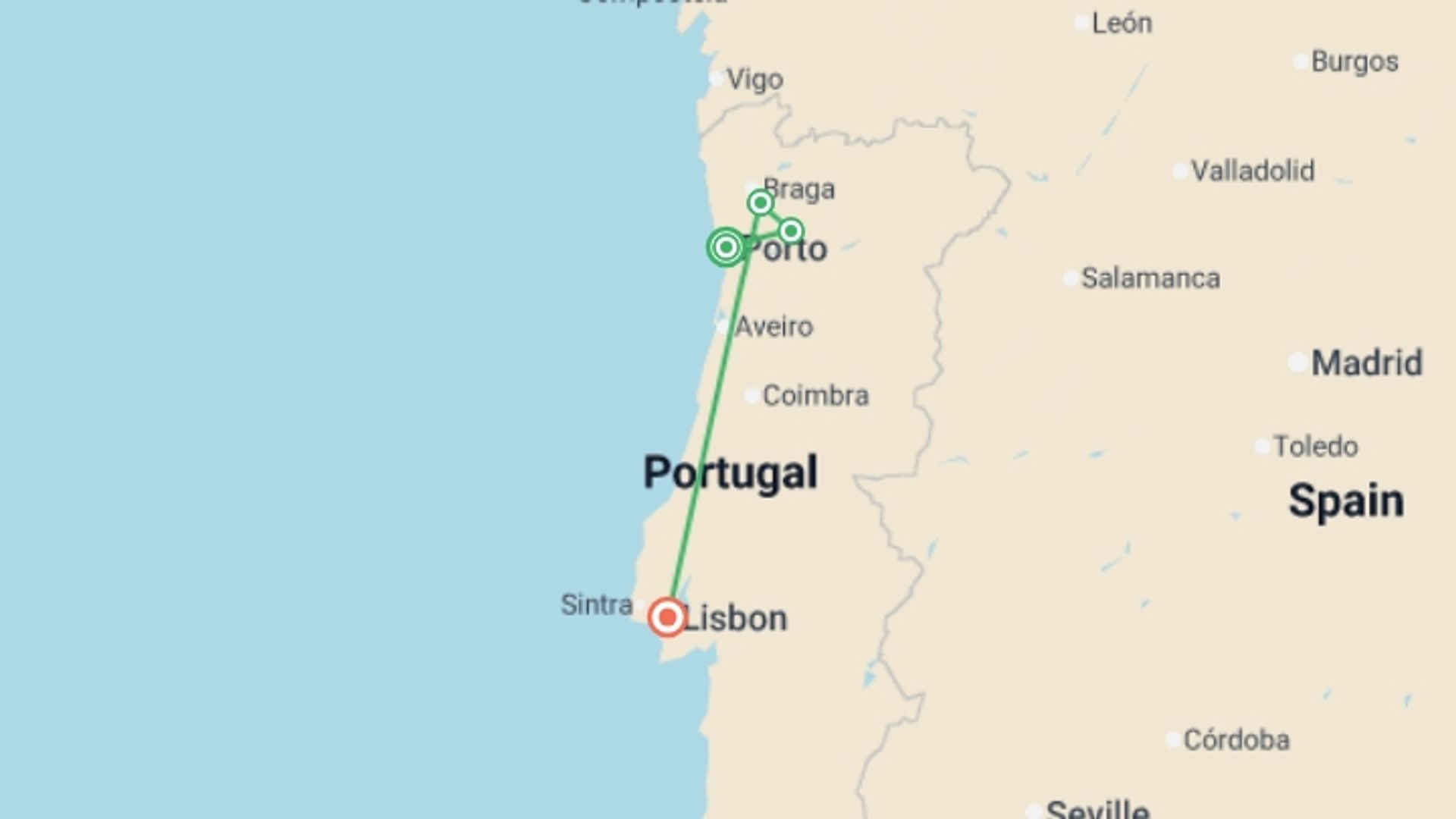 A map showing the tour itinerary for the trip: Portugal's Old-World Charms featuring Douro Valley, Alentejo & Lisbon, starting in Porto, Portugal and ending in Lisbon, Portugal going through 2 other destinations.
