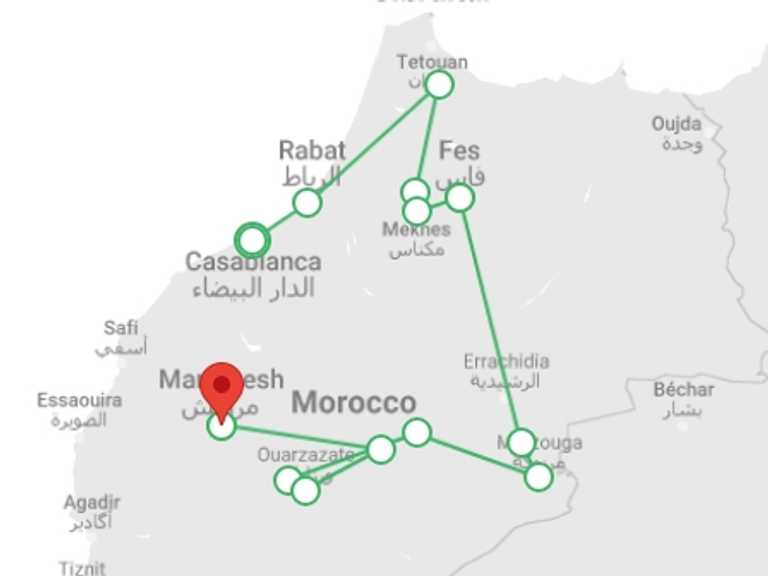 Map of 8-Day Mediterranean Tour with 10 destination visits for the trip: Luxury Escape in the Land of Kasbahs