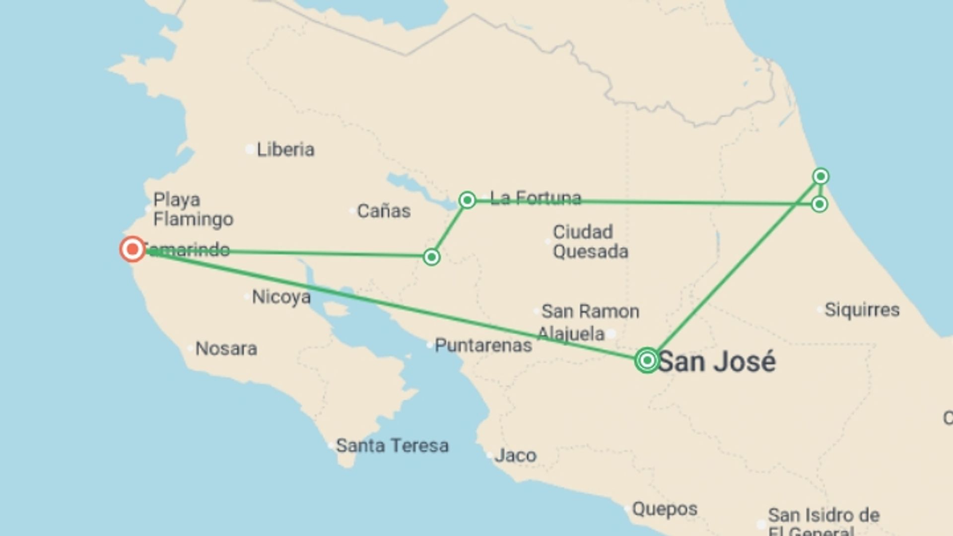 A map showing the tour itinerary for the trip: Colorful Costa Rica, starting in San Jose, Costa Rica and ending in Tamarindo Beach, Costa Rica going through 4 other destinations.