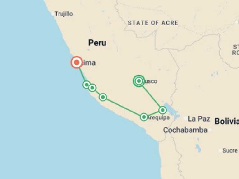 Map itinerary of Peru Tour in February 2026 with 7 destination visits for the trip: Cuzco to Lima Express Travel Pass
