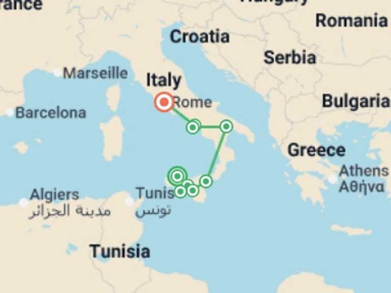 Map itinerary of Rome Tour in April 2027 with 7 destination visits for the trip: Southern Italy & Sicily featuring Taormina, Matera and the Amalfi Coast