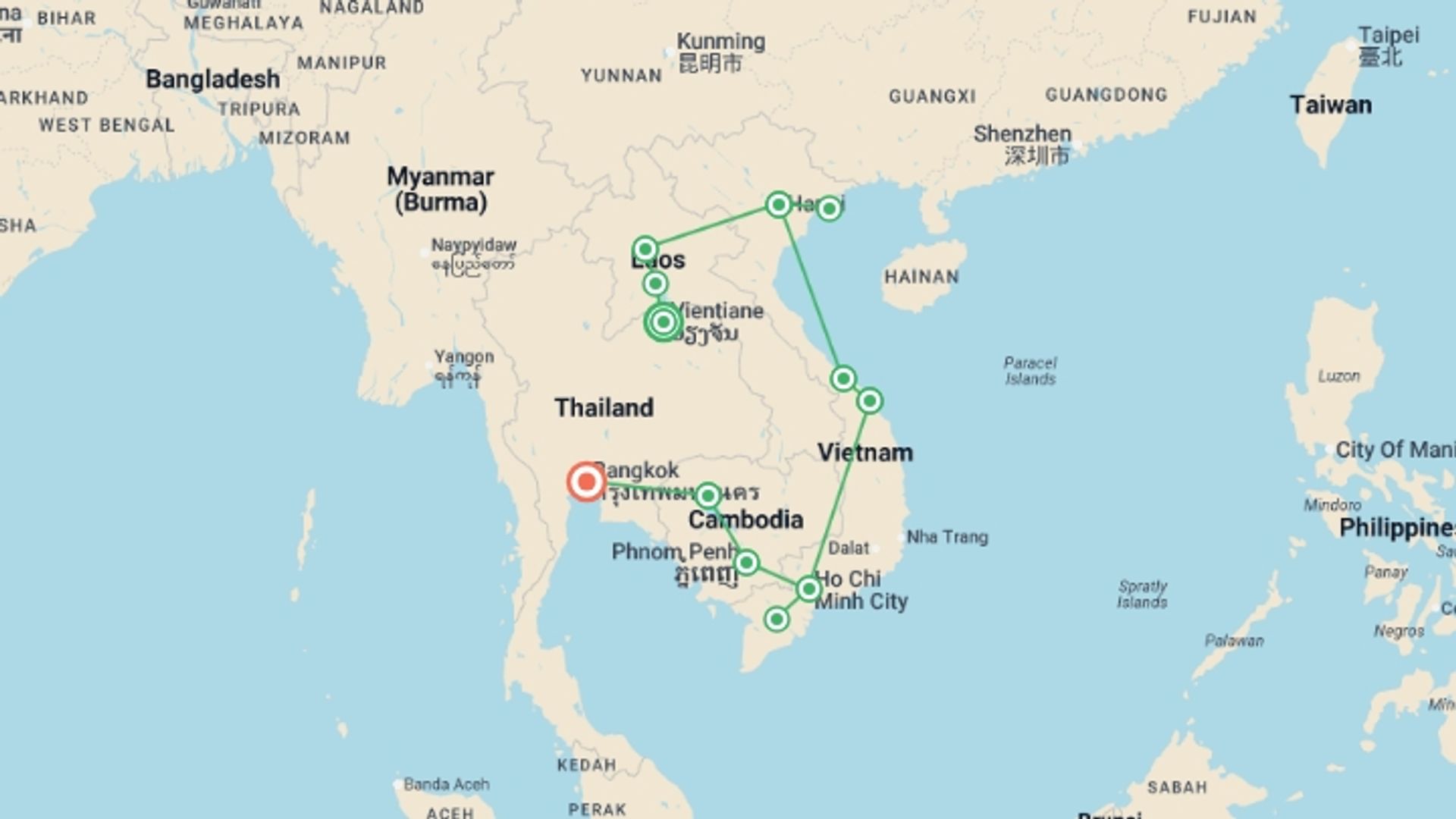 A map showing the tour itinerary for the trip: Indochina Discovery (Partially Guided) - 23 days, starting in Vientiane, Laos and ending in Bangkok, Thailand going through 10 other destinations.