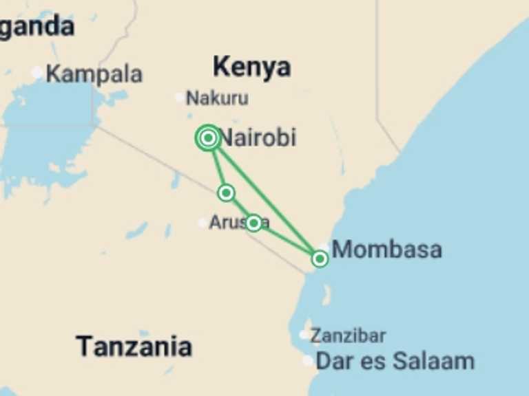 Map itinerary of Tsavo West National Park Tour in Winter with 4 destination visits for the trip: Kenya Safari & Beach - 9 days