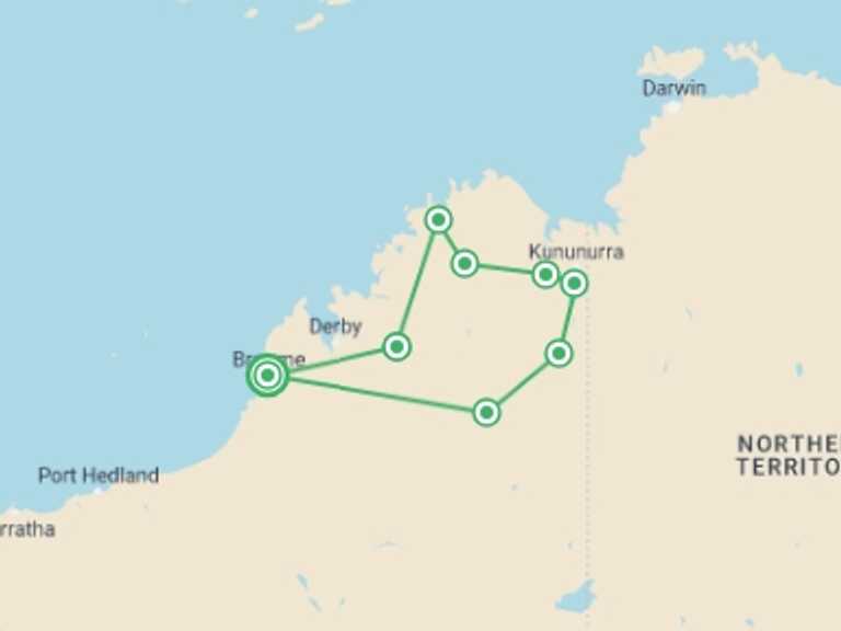 Map itinerary of Oceania Tour in September 2027 with 8 destination visits for the trip: Kimberley Trail