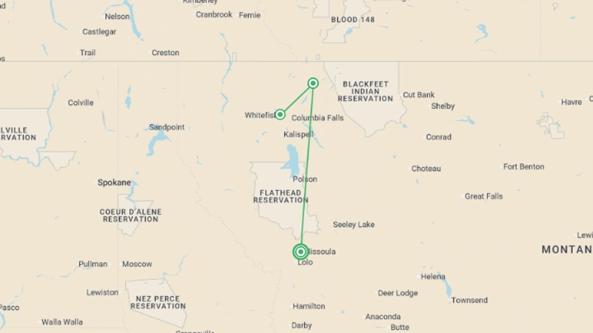 A map showing the tour itinerary for the trip: Glacier National Park & the Rockies - 7 days, starting in Missoula, USA and ending in Missoula, USA going through 2 other destinations.