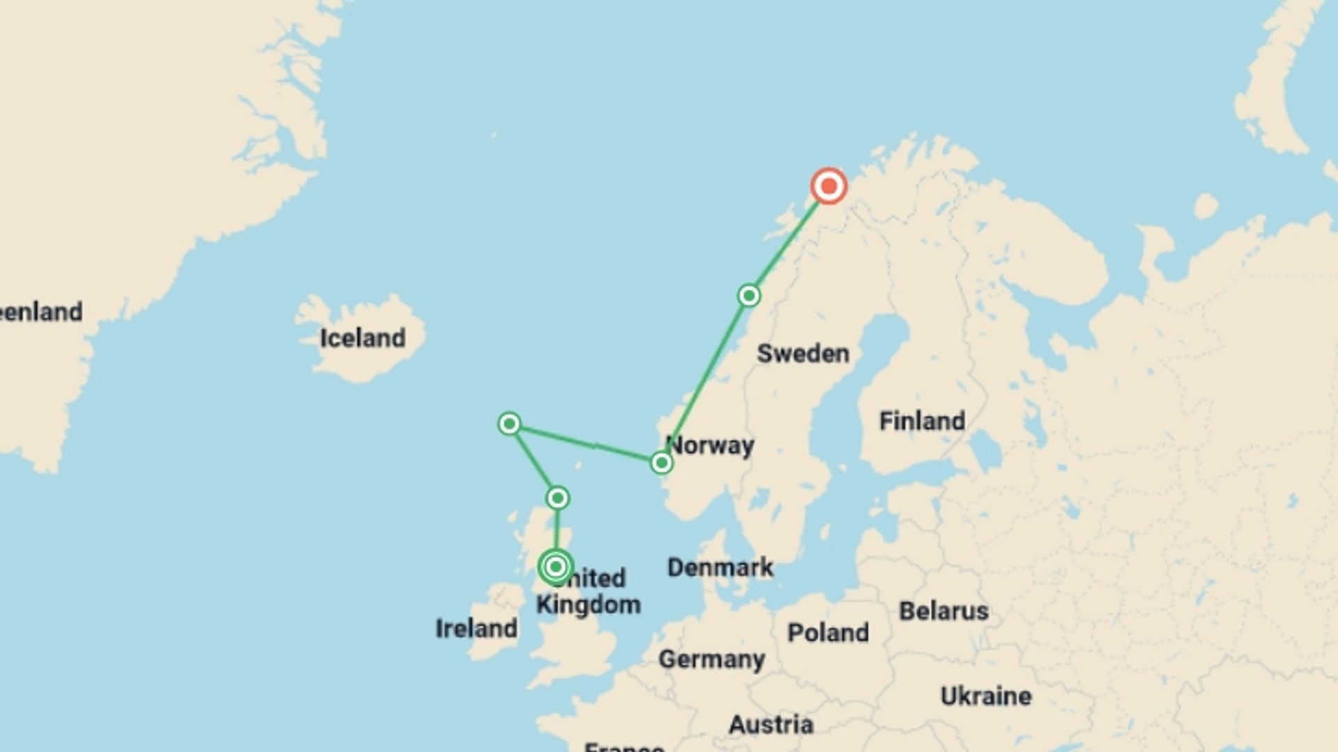 A map showing the tour itinerary for the trip: In the Wake of the Vikings: Orkney, Shetland & the Faroe Islands, starting in Edinburgh, Scotland and ending in Tromsø, Norway going through 6 other destinations.