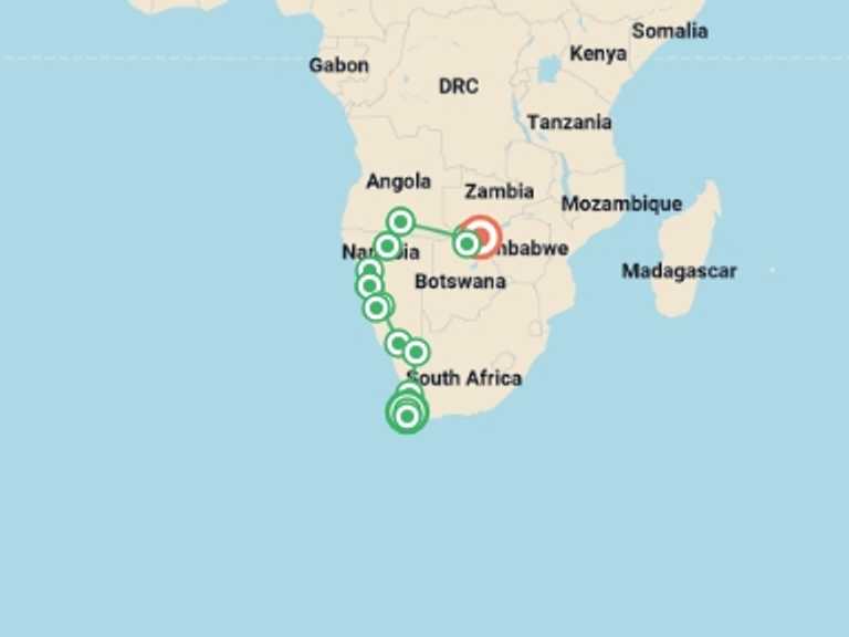 Map itinerary of Cape Town Tour in April 2027 with 14 destination visits for the trip: Cape Town to Victoria Falls - Hotel/Lodge