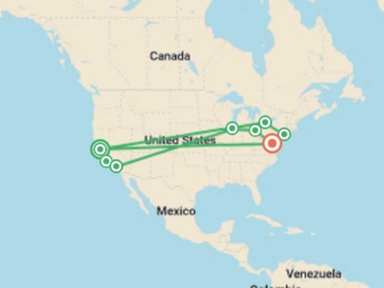 Map of Chicago City sightseeing Tour with 8 destination visits for the trip: California Coast, Chicago, and NY, Ending in Washington