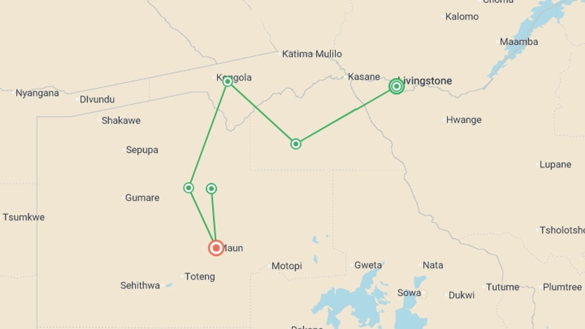 A map showing the tour itinerary for the trip: Family Botswana and Zimbabwe Safari Adventure, starting in Victoria Falls, Zimbabwe and ending in Maun, Botswana going through 5 other destinations.