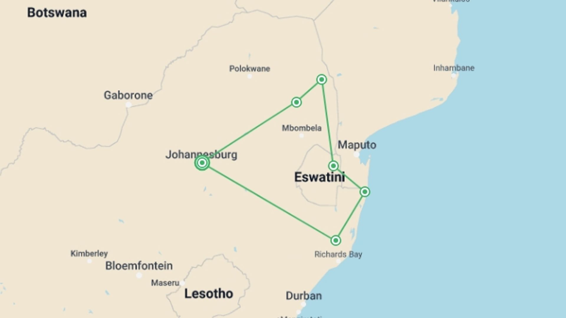 A map showing the tour itinerary for the trip: South Africa Family Safari with Teenagers, starting in Johannesburg, South Africa and ending in Johannesburg, South Africa going through 6 other destinations.