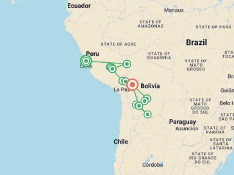 Map of Lima Local culture Tour with 12 destination visits for the trip: Explore Peru & Bolivia