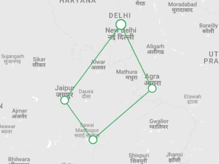 Map of 9-Day New Delhi Tour with 4 destination visits for the trip: Golden Triangle Of India & Tigers, Private Tour