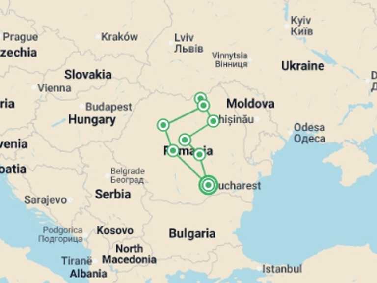 Map itinerary of Eastern Europe Tour in Summer with 8 destination visits for the trip: Romania Revealed - 10 days