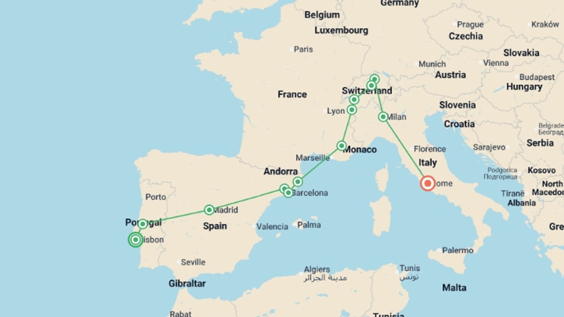A map showing the tour itinerary for the trip: Essential Portugal, Spain, Switzerland and Italy, starting in Lisbon, Portugal and ending in Rome, Italy going through 7 other destinations.