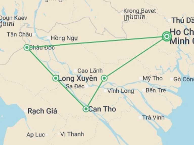 Map of South East Asia Explorer Tour with 5 destination visits for the trip: Cycling the Mekong Delta - 7 days