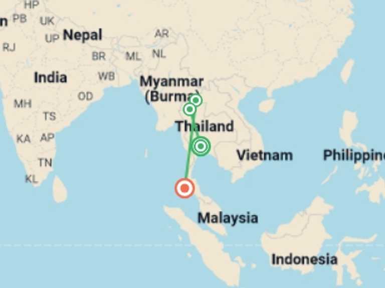 Map of a Beach Tour with 4 destination visits for the trip: Bangkok, Golden Triangle & Phuket Beach Extension, Small Group Tour