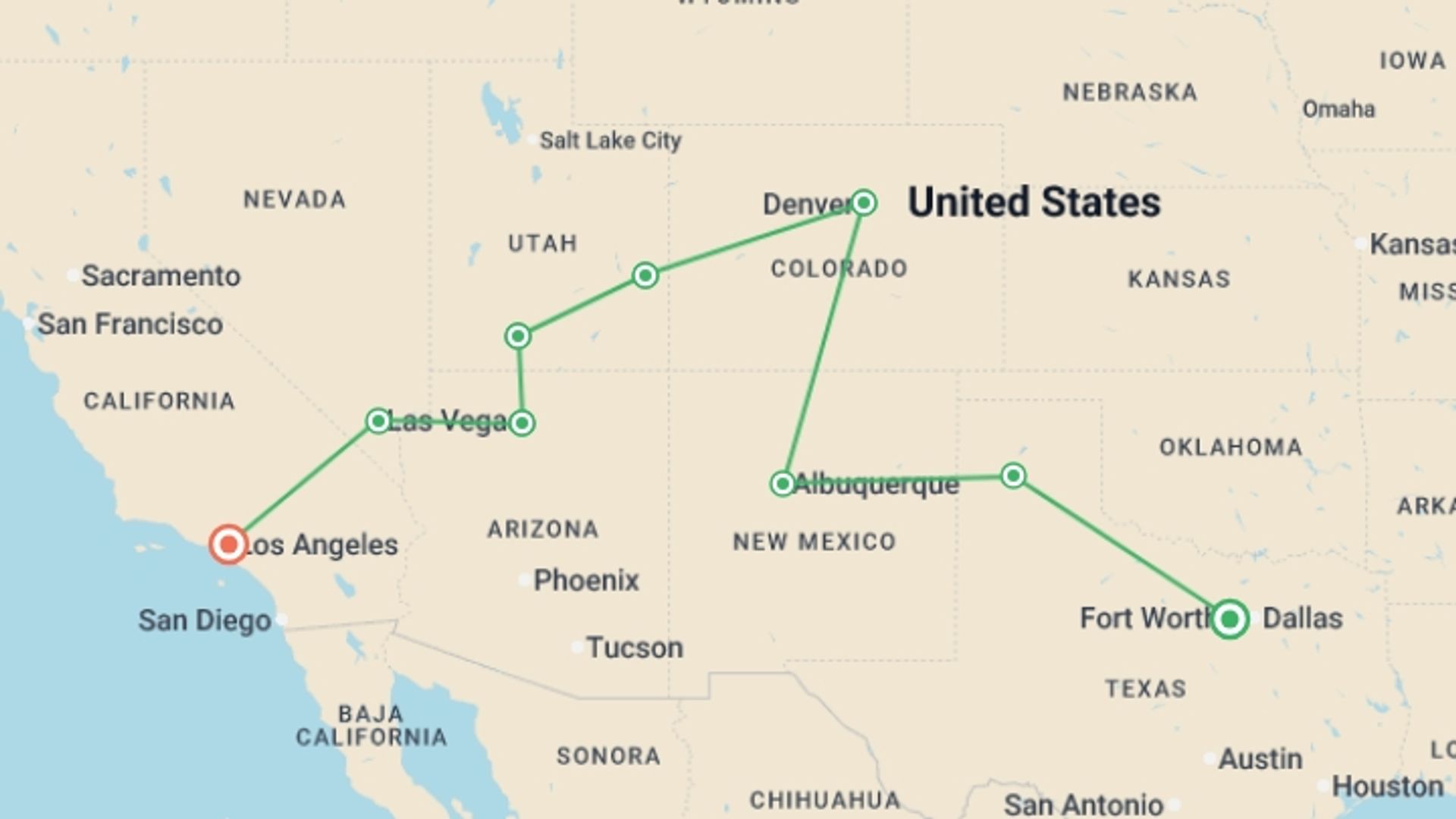 A map showing the tour itinerary for the trip: USA: National Parks Road Trip, starting in Fort Worth, USA and ending in Los Angeles, USA going through 7 other destinations.