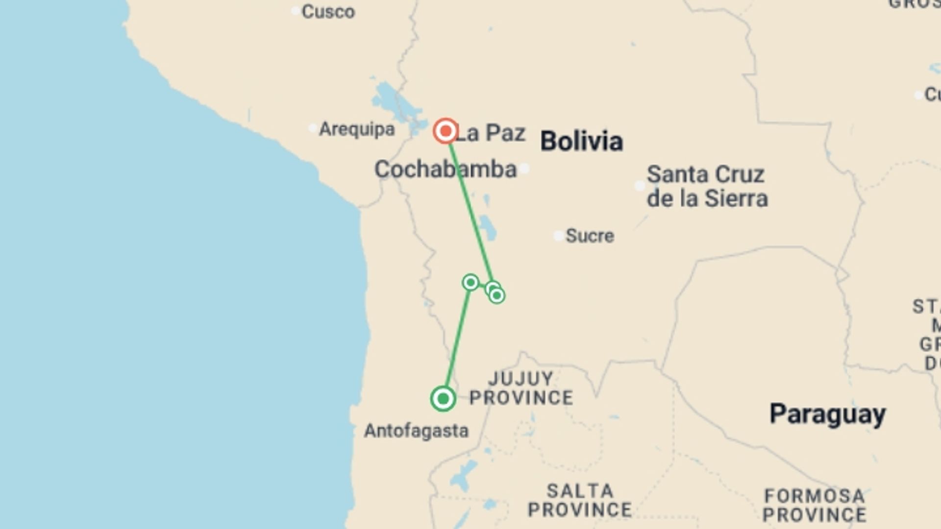 A map showing the tour itinerary for the trip: Uyuni Salt Flats & Desert Adventure 4D/3N (Atacama to La Paz), starting in San Pedro De Atacama, Chile and ending in La Paz, Bolivia going through 3 other destinations.