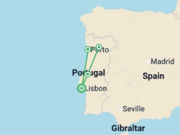 Map of Europe Tour with 4 destination visits for the trip: Discover Portugal Small Group Tour