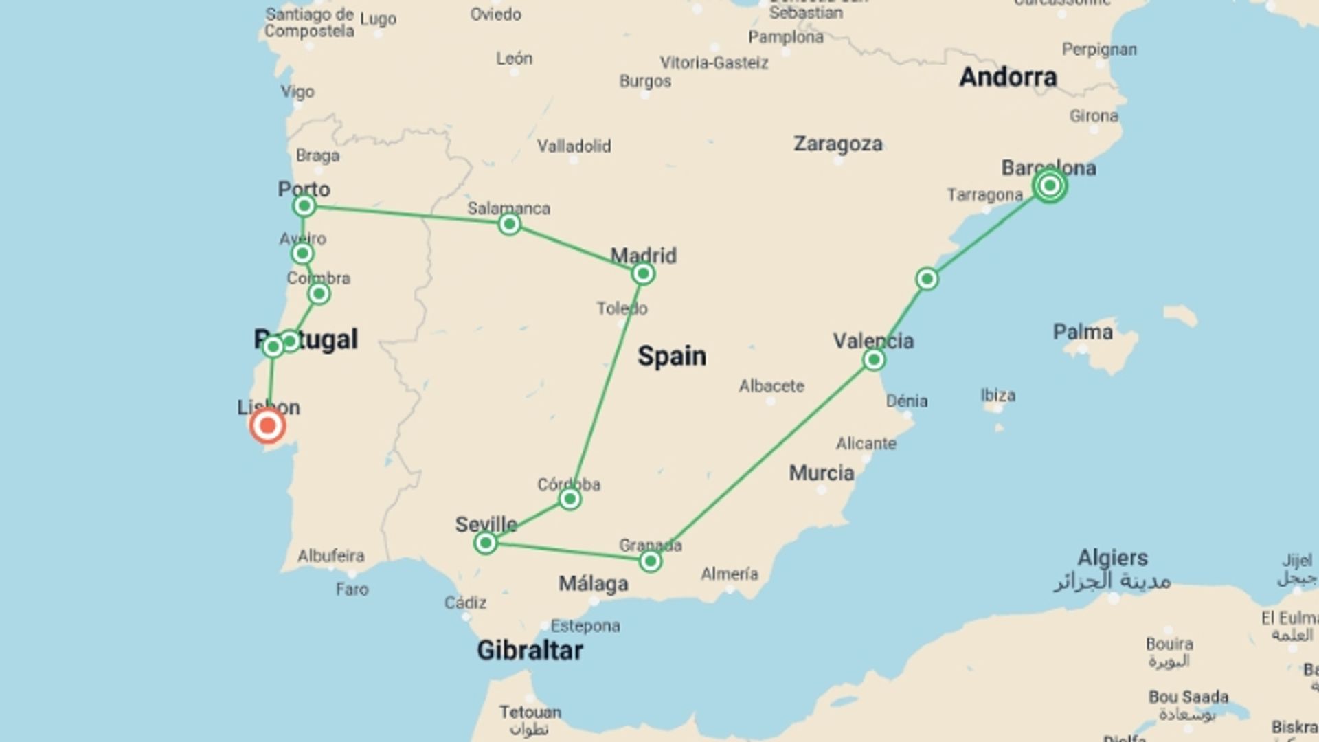 A map showing the tour itinerary for the trip: Spain & Portugal Unveiled: Small Group Tour, starting in Barcelona, Spain and ending in Lisbon, Portugal going through 6 other destinations.