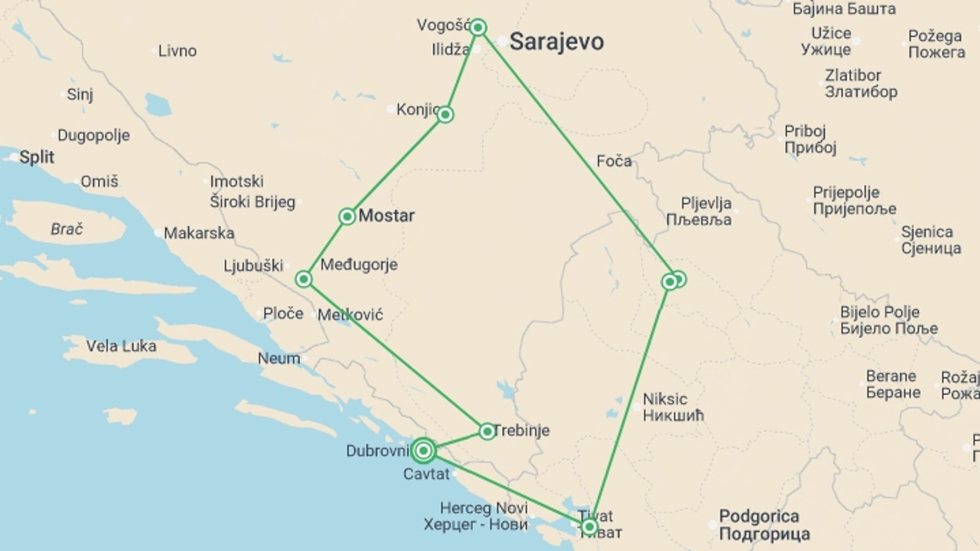 A map showing the tour itinerary for the trip: Bosnia & Beyond, starting in Dubrovnik, Croatia and ending in Dubrovnik, Croatia going through 8 other destinations.