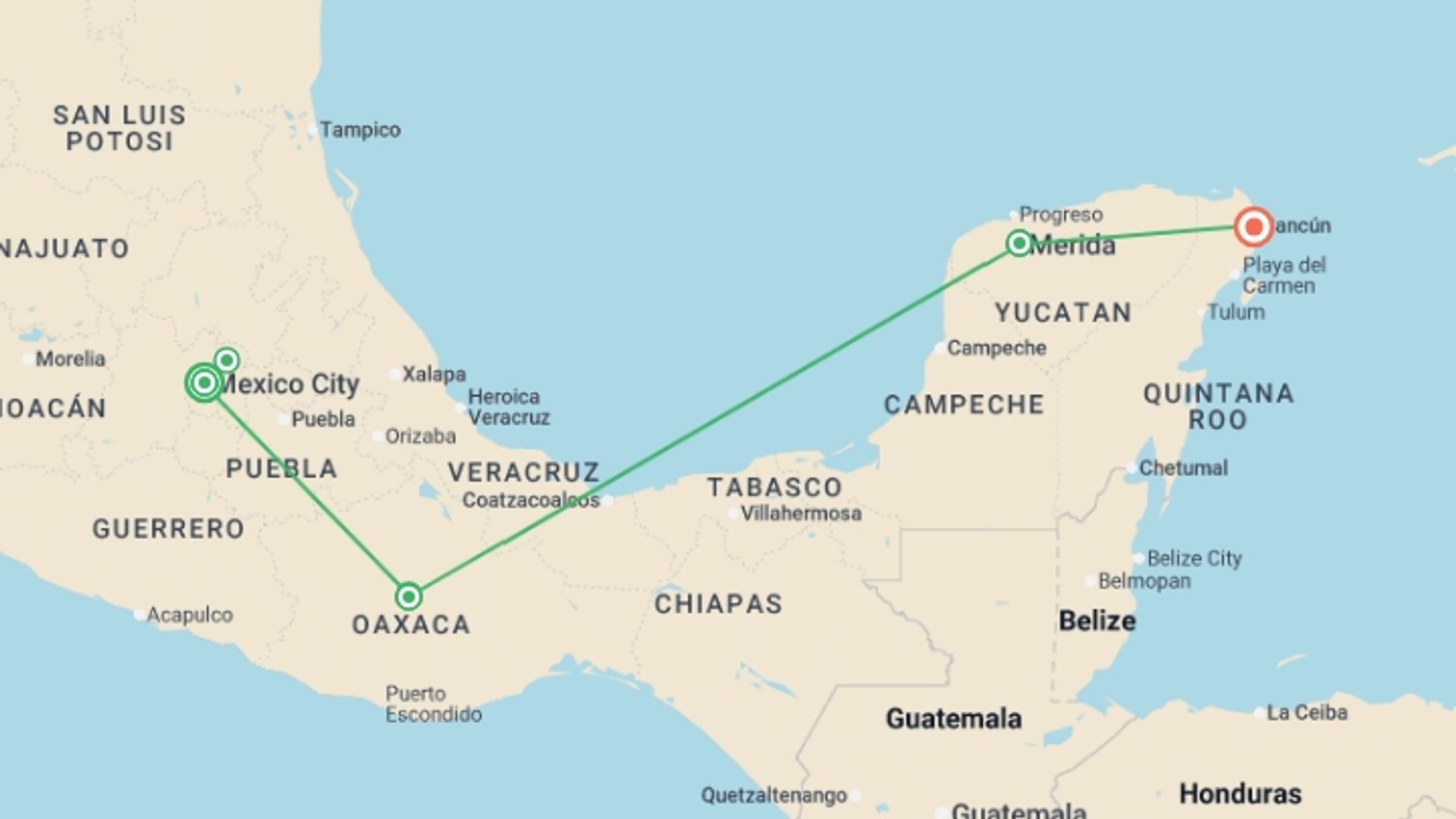A map showing the tour itinerary for the trip: Mexico City, Oaxaca City & Merida City (delight Mexican Cuisine), starting in Mexico City, Mexico and ending in Cancún, Mexico going through 2 other destinations.