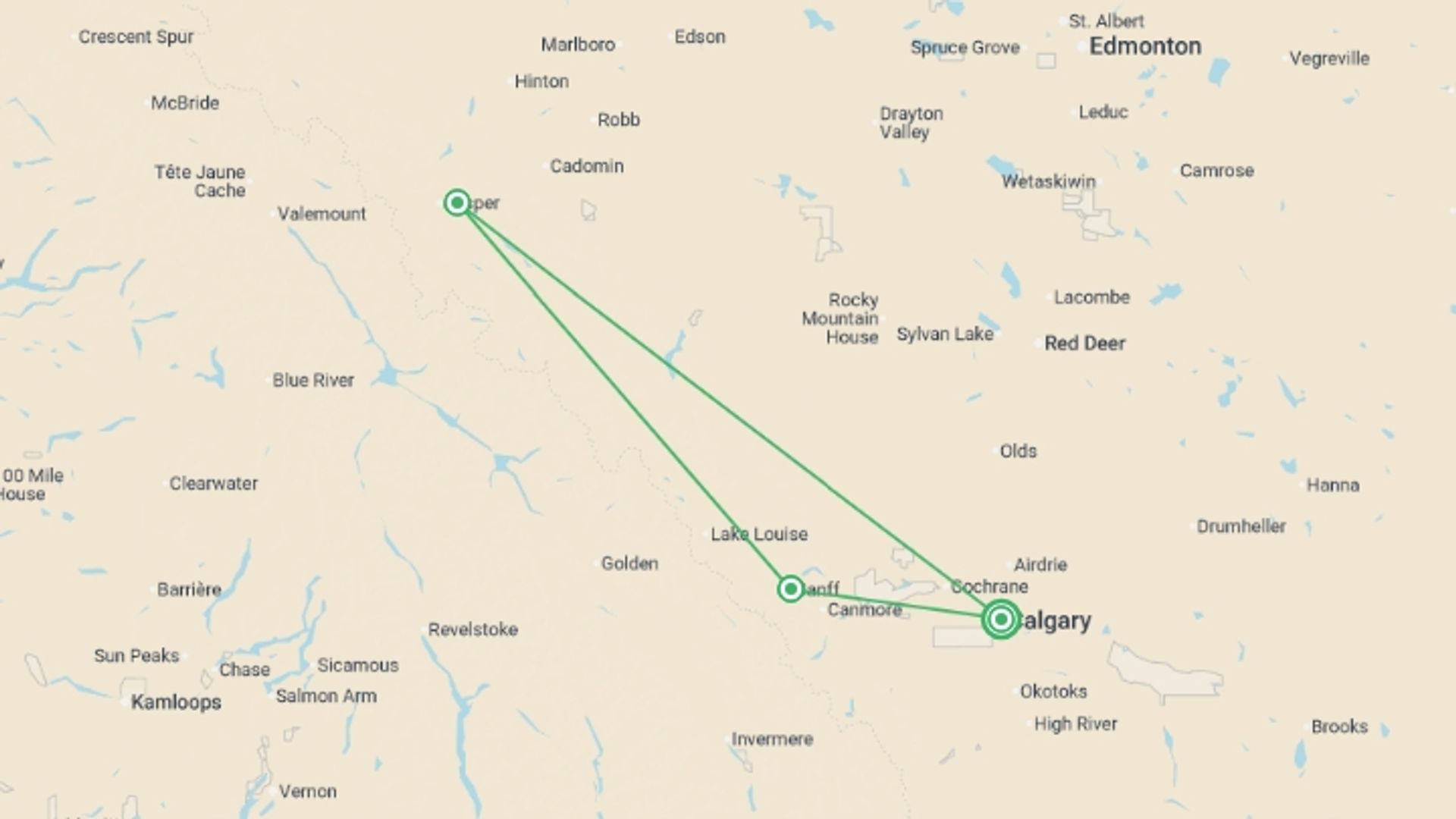 A map showing the tour itinerary for the trip: Canada's Rockies, starting in Calgary, Canada and ending in Calgary, Canada going through 2 other destinations.