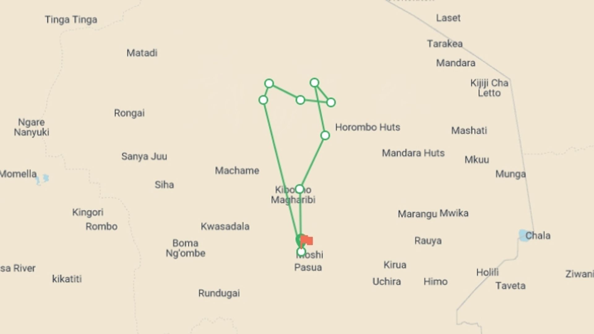 A map showing the tour itinerary for the trip: Kilimanjaro - Machame route , starting in Moshi, Tanzania and ending in Moshi, Tanzania going through 8 other destinations.