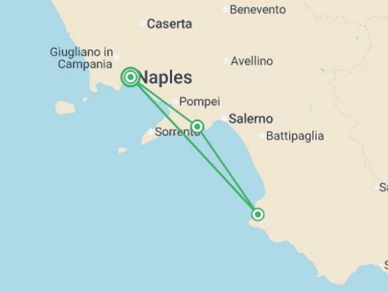 Map itinerary of Italy Tour in June 2026 with 3 destination visits for the trip: Enchanting Southern Italy