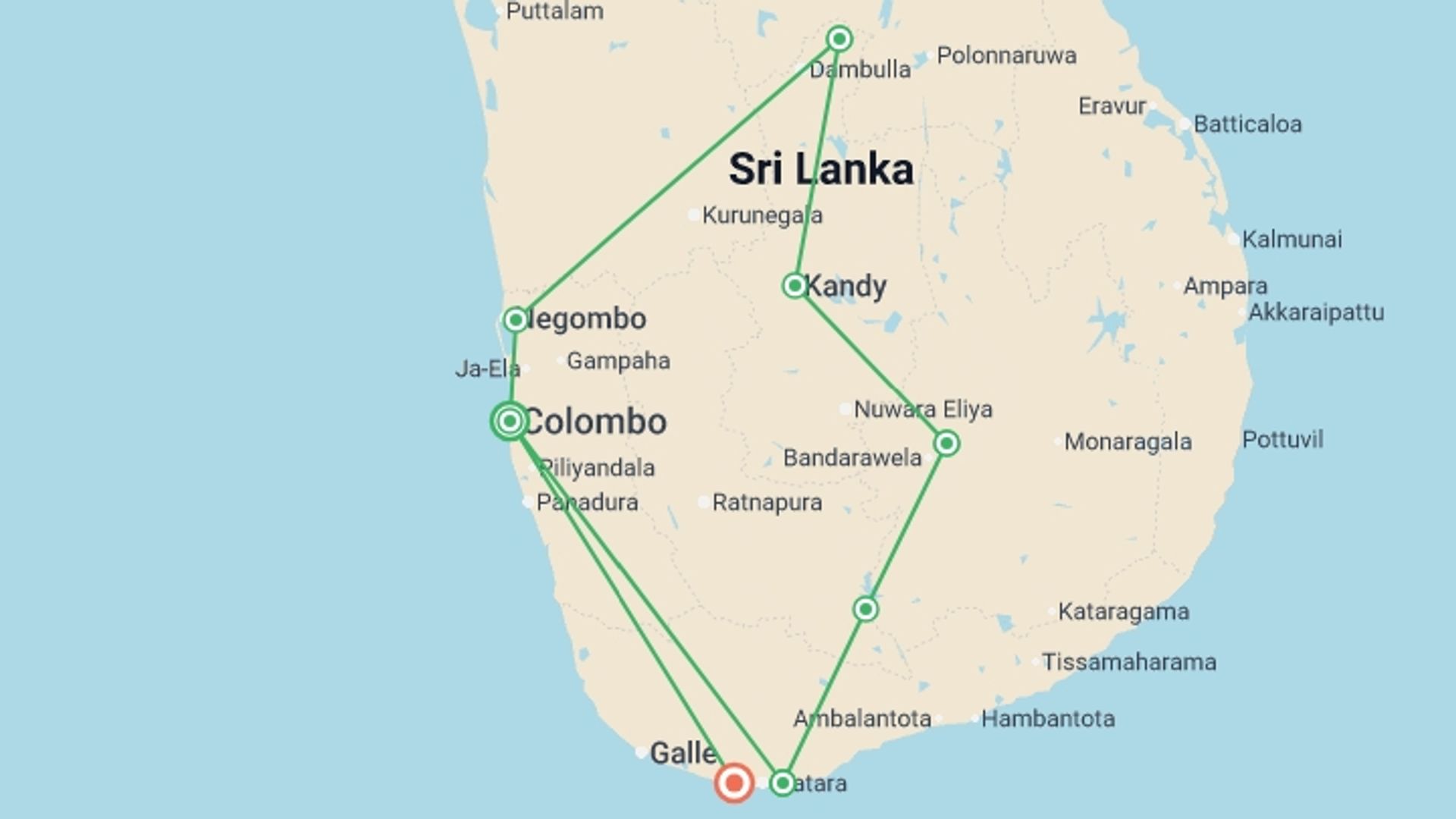 A map showing the tour itinerary for the trip: Negombo to Mirissa Adventure  - 12 days, starting in Colombo, Sri Lanka and ending in Mirissa, Sri Lanka going through 7 other destinations.