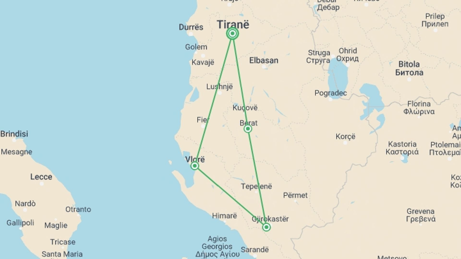 A map showing the tour itinerary for the trip: Albania Discovery, starting in Tirana, Albania and ending in Tirana, Albania going through 3 other destinations.