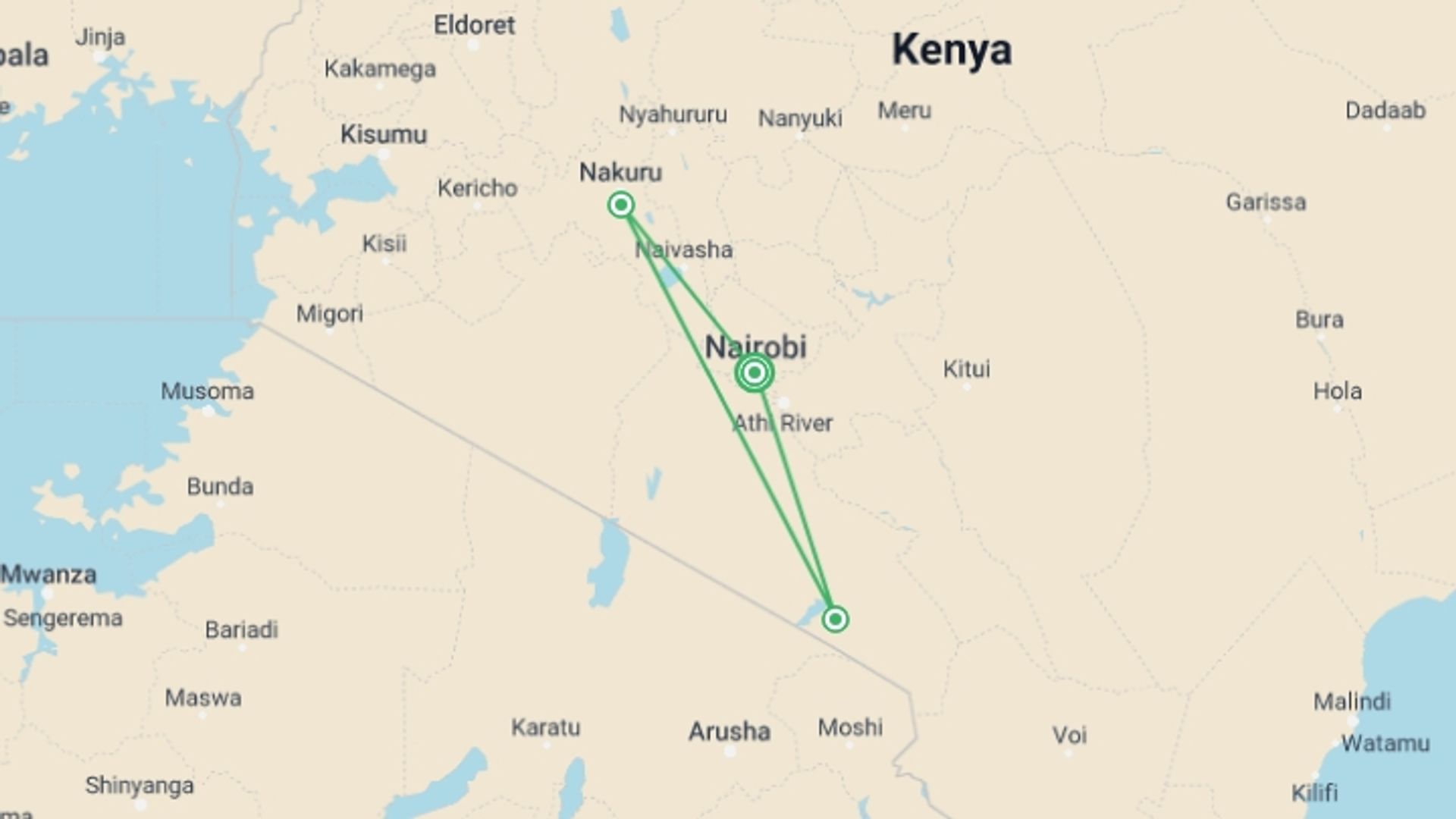 A map showing the tour itinerary for the trip: Journeys: Kenya Safari Experience, starting in Nairobi, Kenya and ending in Nairobi, Kenya going through 2 other destinations.