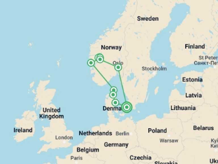 Map itinerary of Denmark Tour in September 2025 with 6 destination visits for the trip: Scandi Viking Trail - 13 days