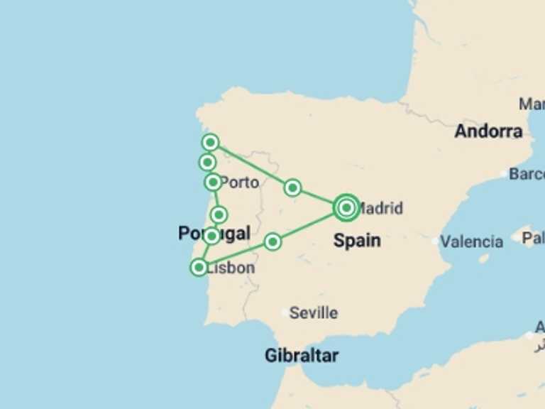 Map of 7-Day Madrid Tour with 5 destination visits for the trip: Castilla & Portugal Explorer - 7 days