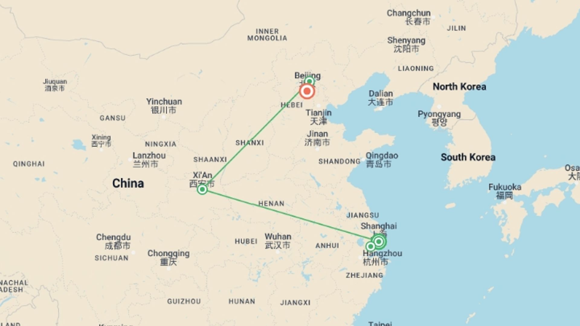 A map showing the tour itinerary for the trip: China Highlights, starting in Shanghai, China and ending in Beijing, China going through 3 other destinations.