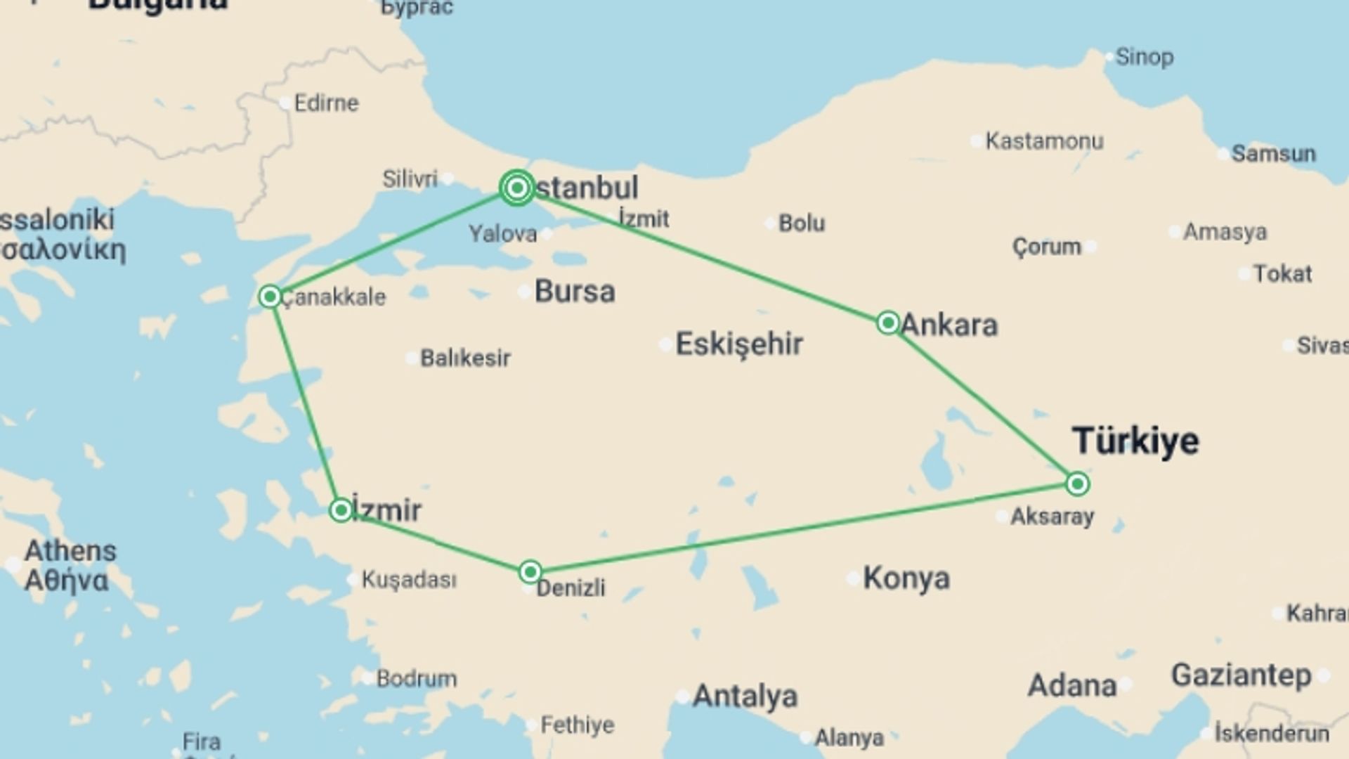 A map showing the tour itinerary for the trip: Wonders of Turkey, starting in Istanbul, Turkey and ending in Istanbul, Turkey going through 5 other destinations.