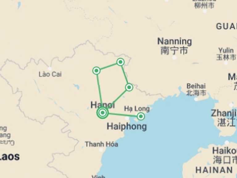 Map of Hanoi Local boat rides Tour with 4 destination visits for the trip: Adventure In Ban Gioc Waterfall - Ba Be Lake - Halong Bay 5 Days 4 Nights